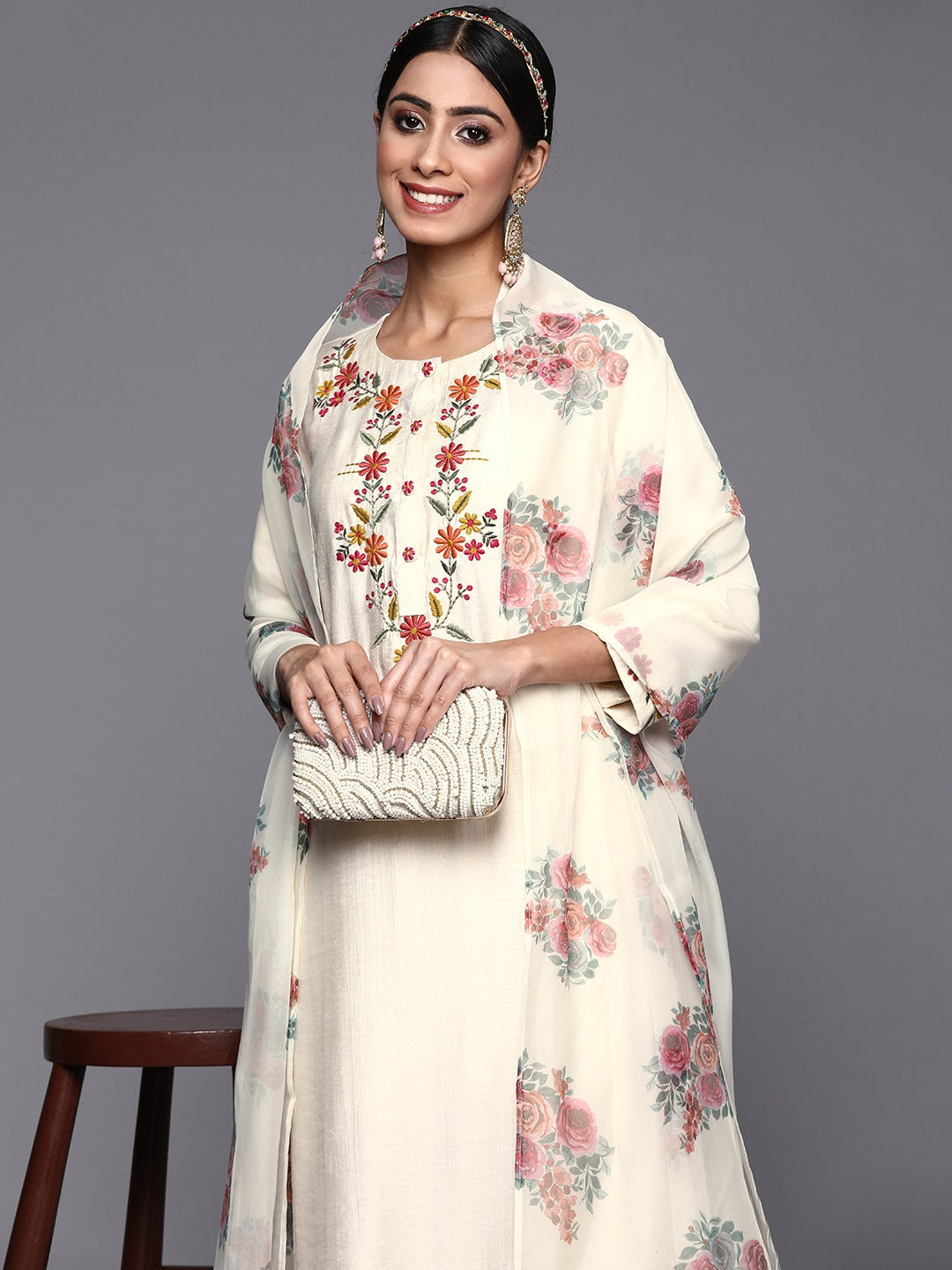Viscose Rayon Embroidered Kurta With Printed Dupatta Set