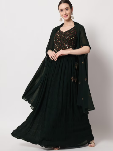 Sequined Semi-Stitched Crush Pattern Lehenga & Unstitched Blouse With Dupatta