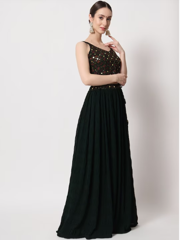 Sequined Semi-Stitched Crush Pattern Lehenga & Unstitched Blouse With Dupatta