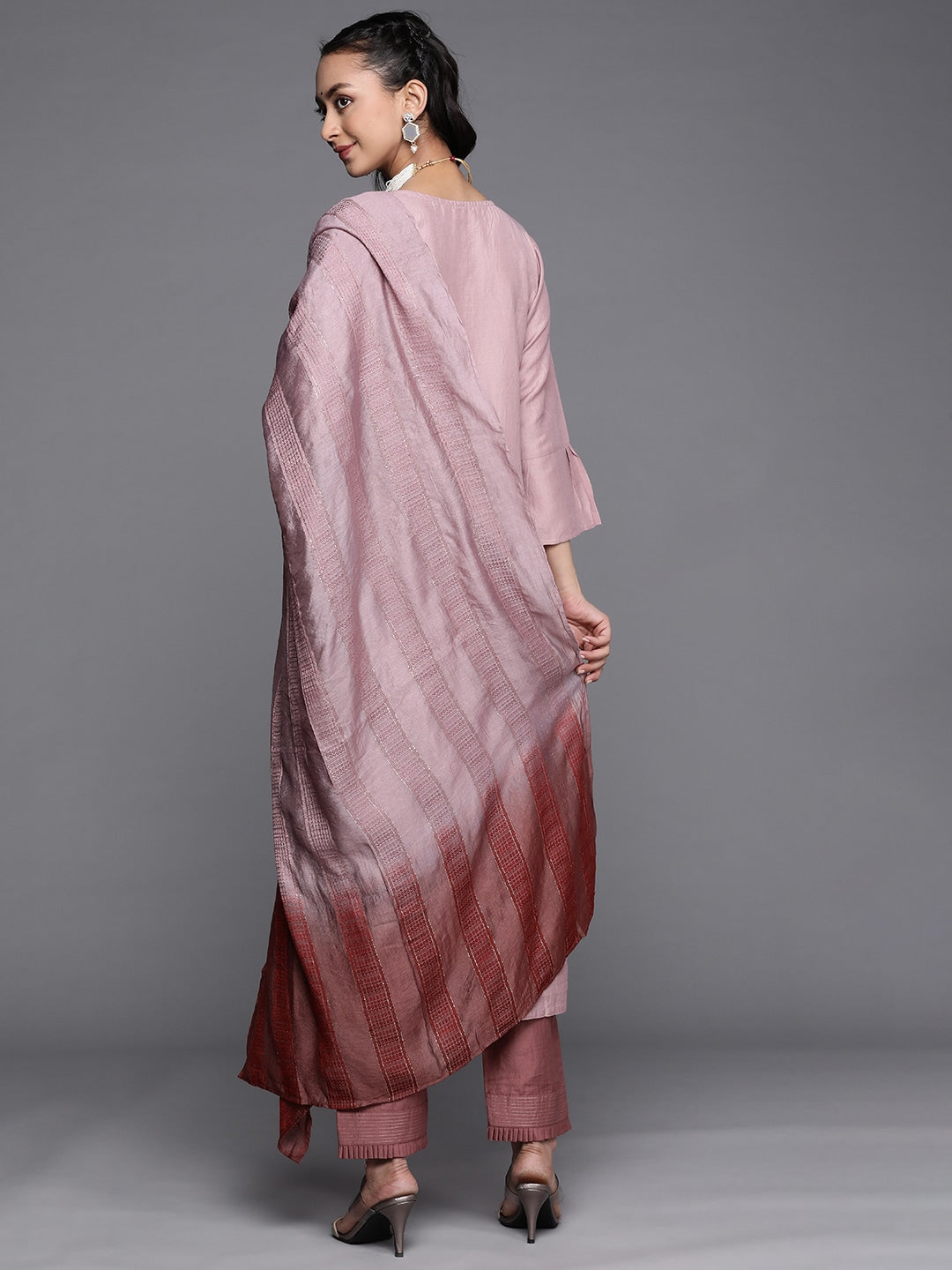 Viscose Rayon Slub Rosy Brown Embroidery Kurta Set With Dupatta Set