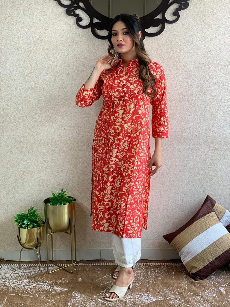 Beautiful Cotton Red Colour Kurti With Pant