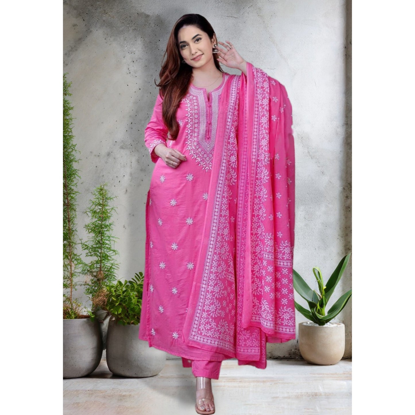 Cotton Fabric Kurta Set With Dupatta