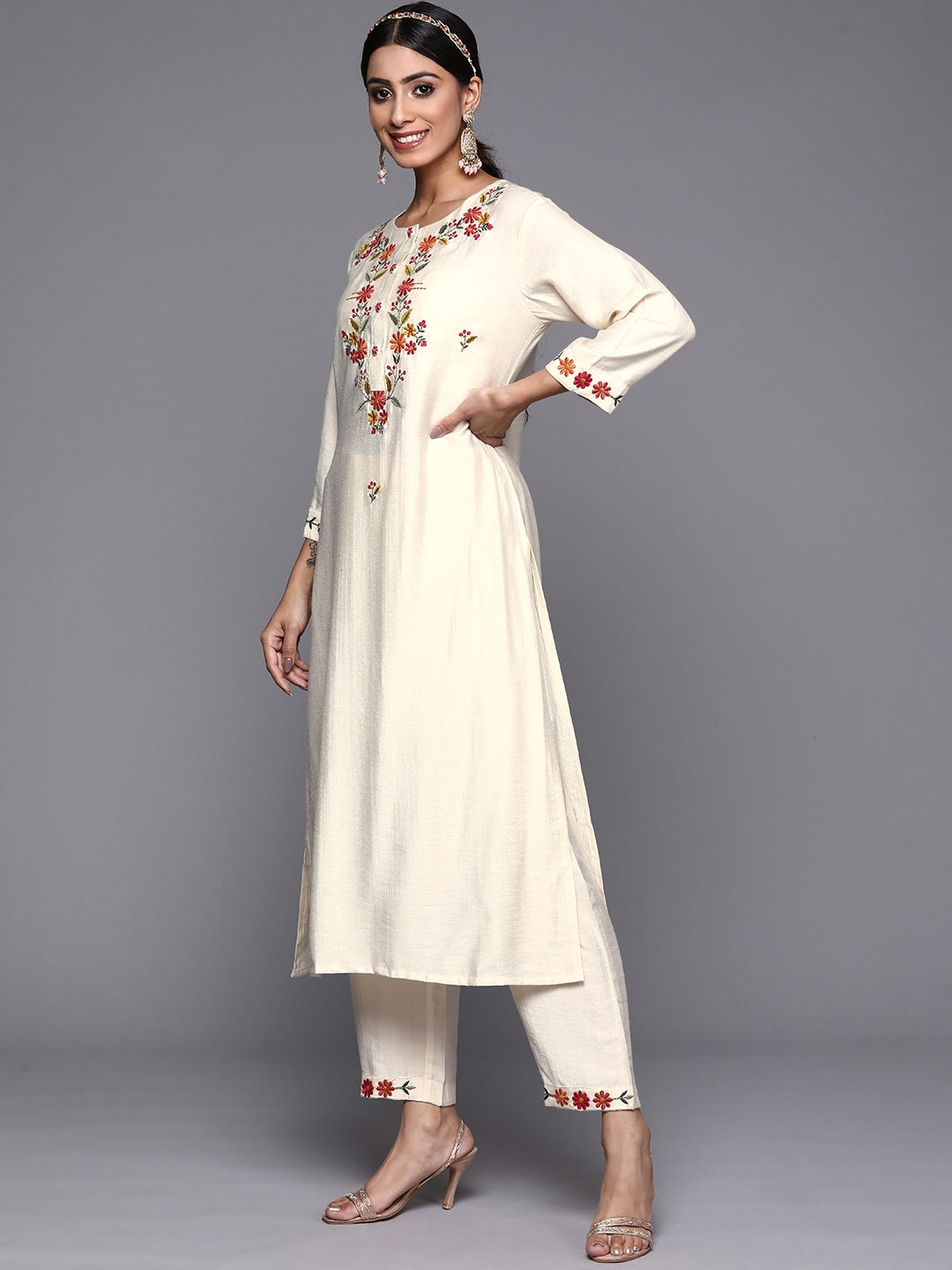 Viscose Rayon Embroidered Kurta With Printed Dupatta Set