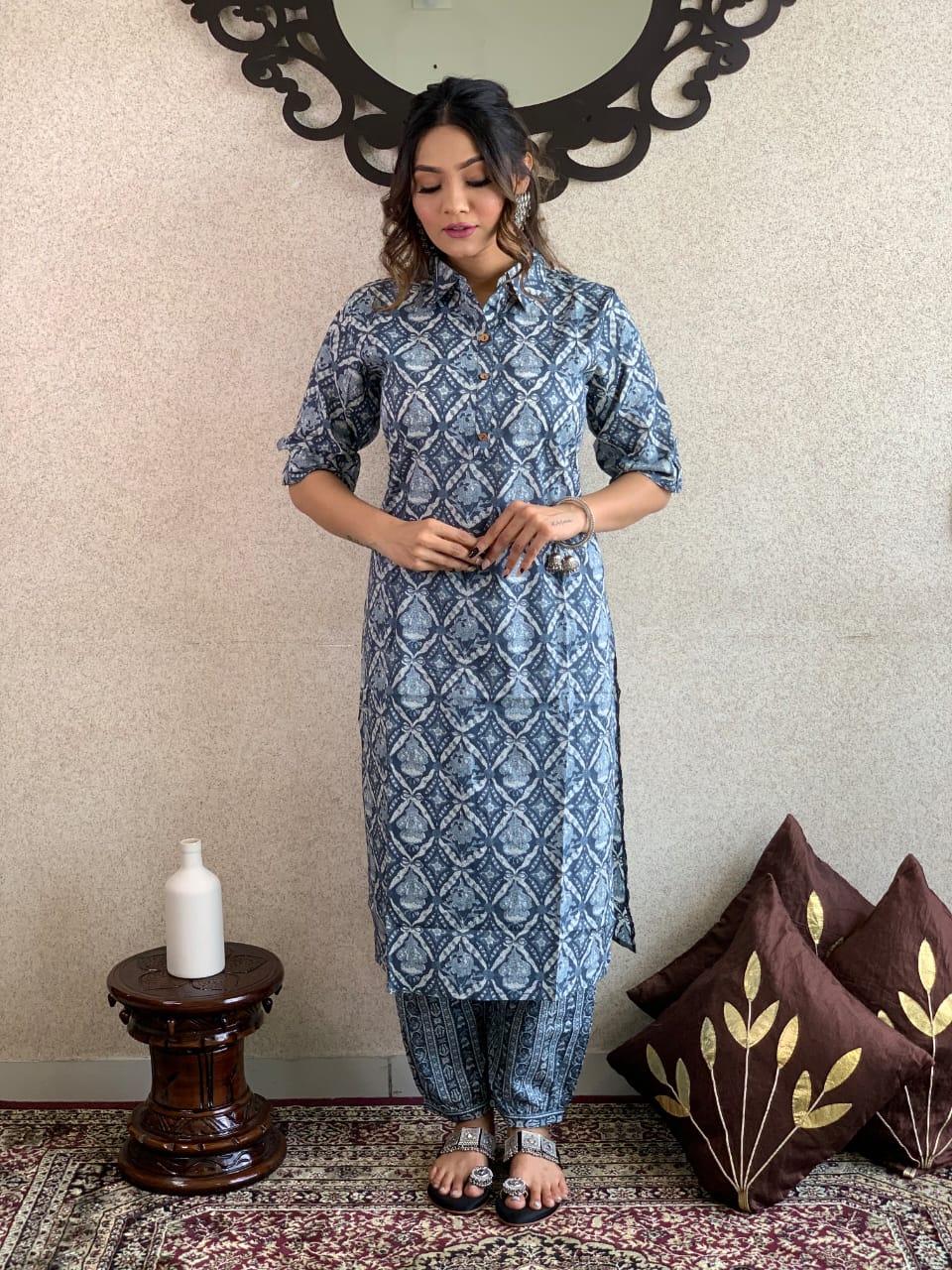 Women's Beautiful Blue Colour Cotton Kurta With Bottomwear