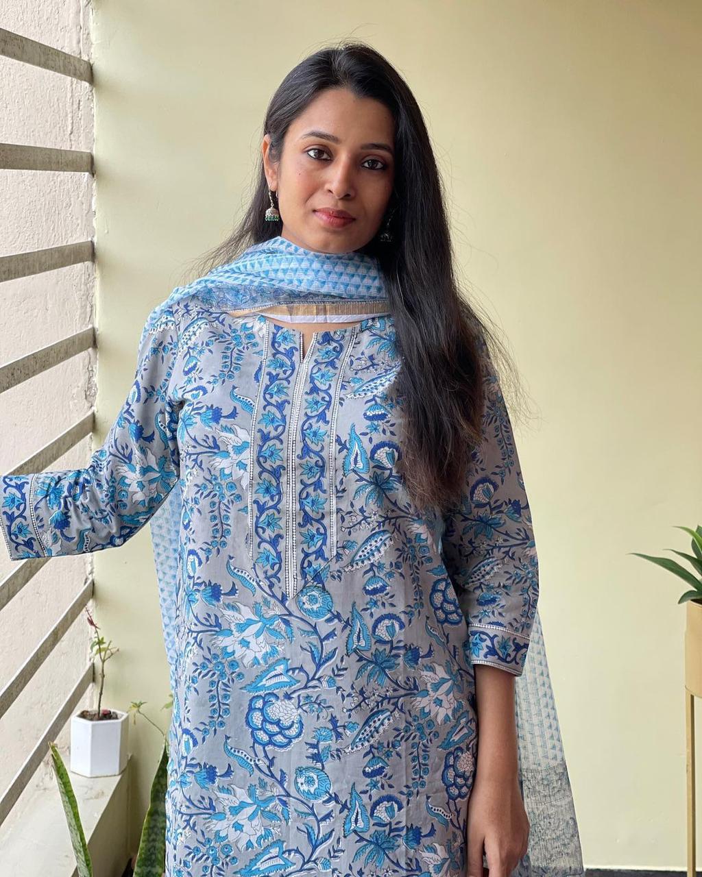 Women's Cotton Printed and Embroidery Work Kurta And Dupatta With Pant