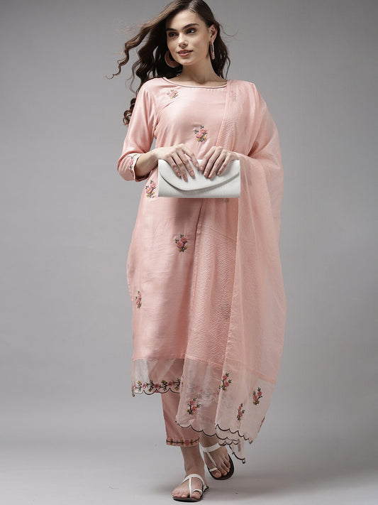 Viscose Rayon Slub Peach Embroidery Kurta Set With Dupatta