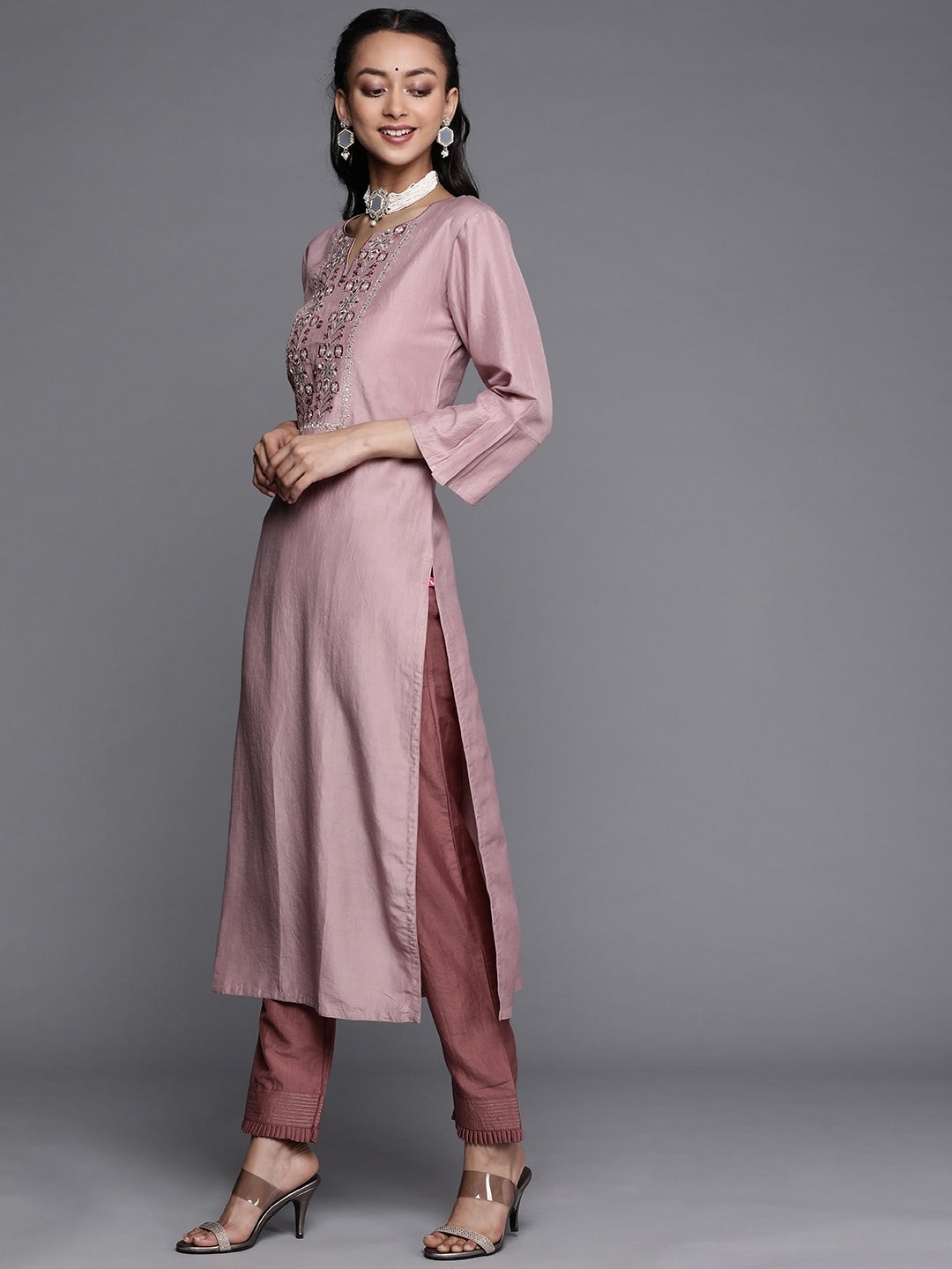 Viscose Rayon Slub Rosy Brown Embroidery Kurta Set With Dupatta Set