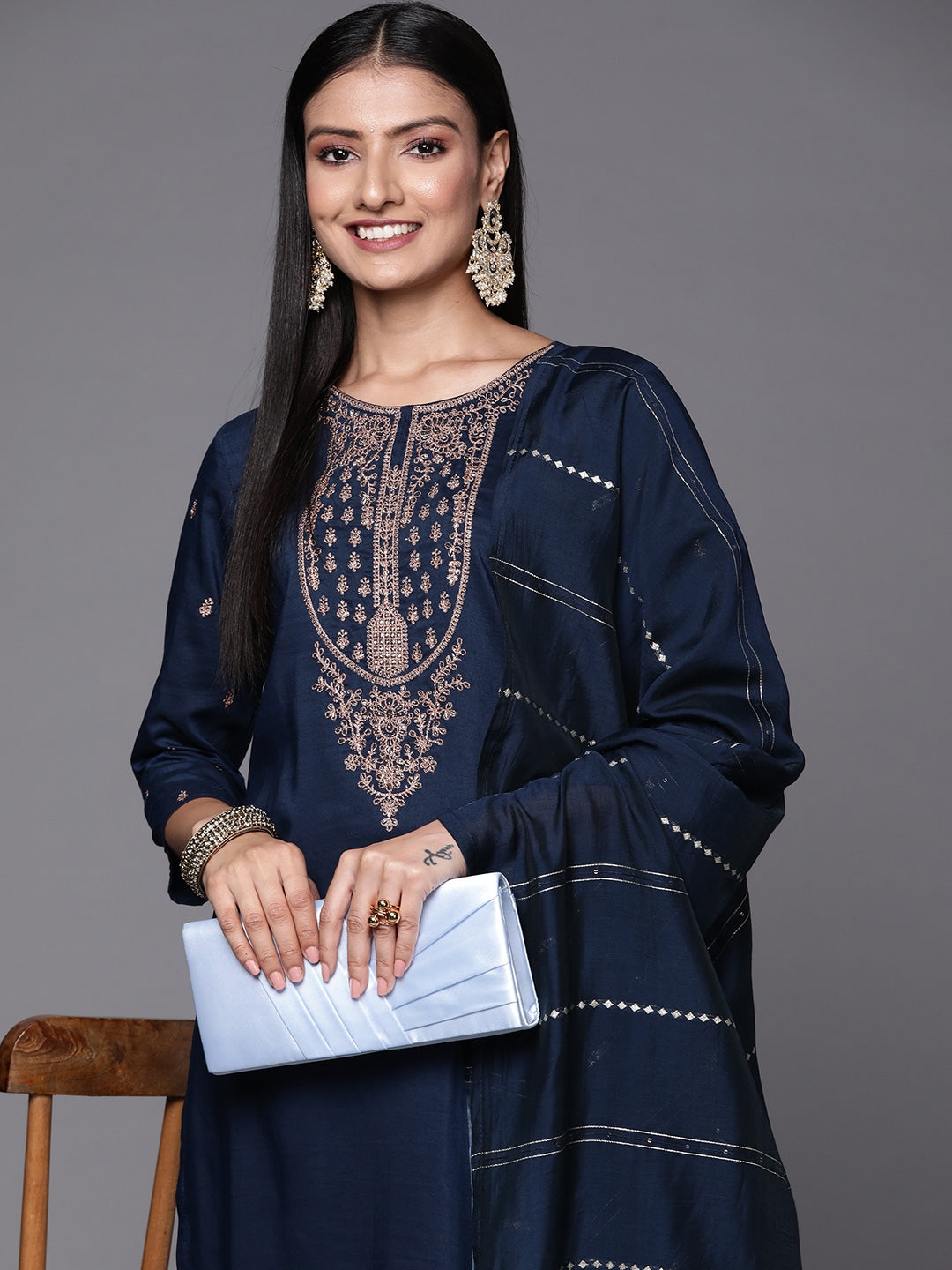 Rayon Slub Embroidery Kurta Set With Hand Dyed Dupatta