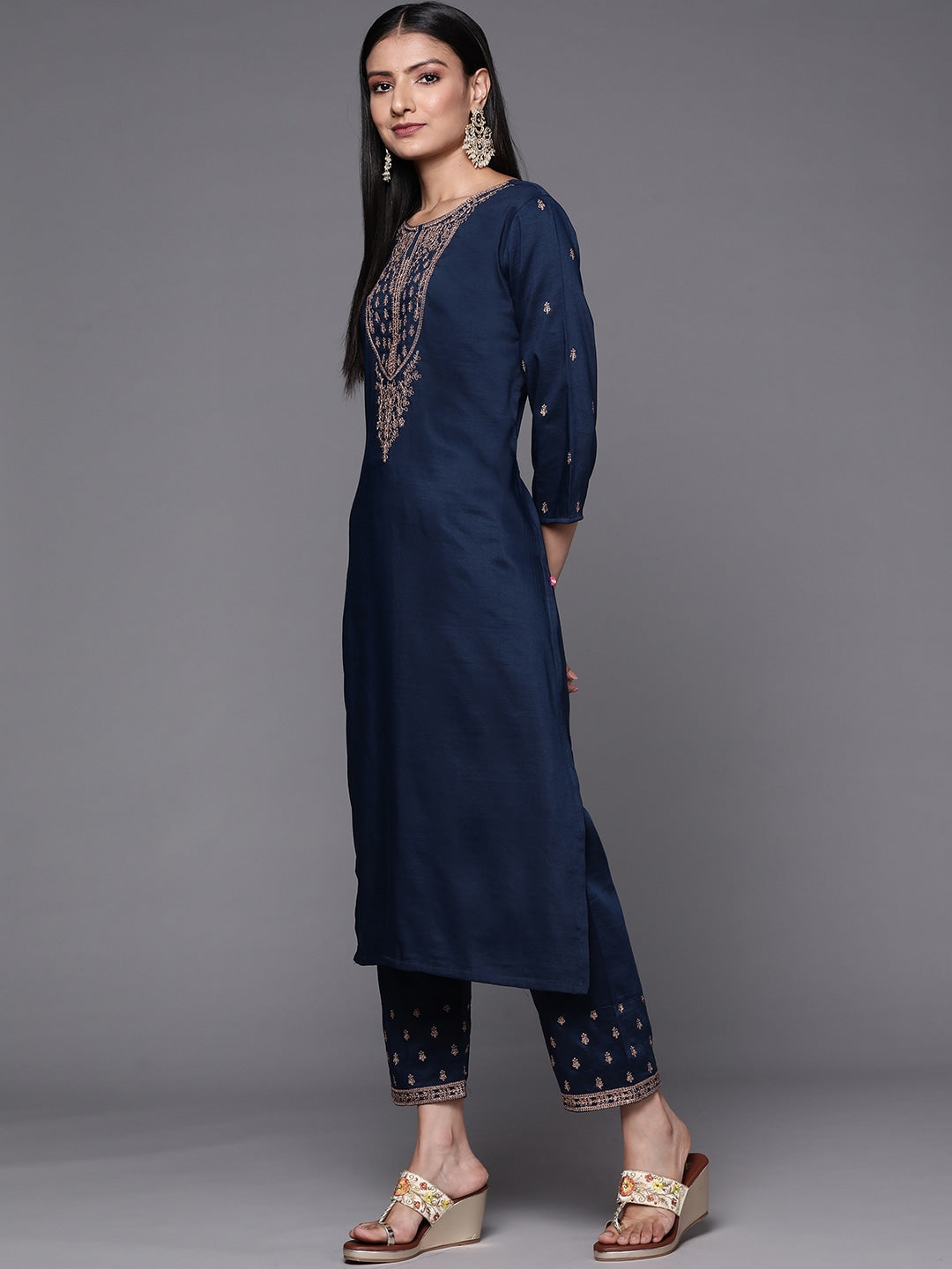 Rayon Slub Embroidery Kurta Set With Hand Dyed Dupatta