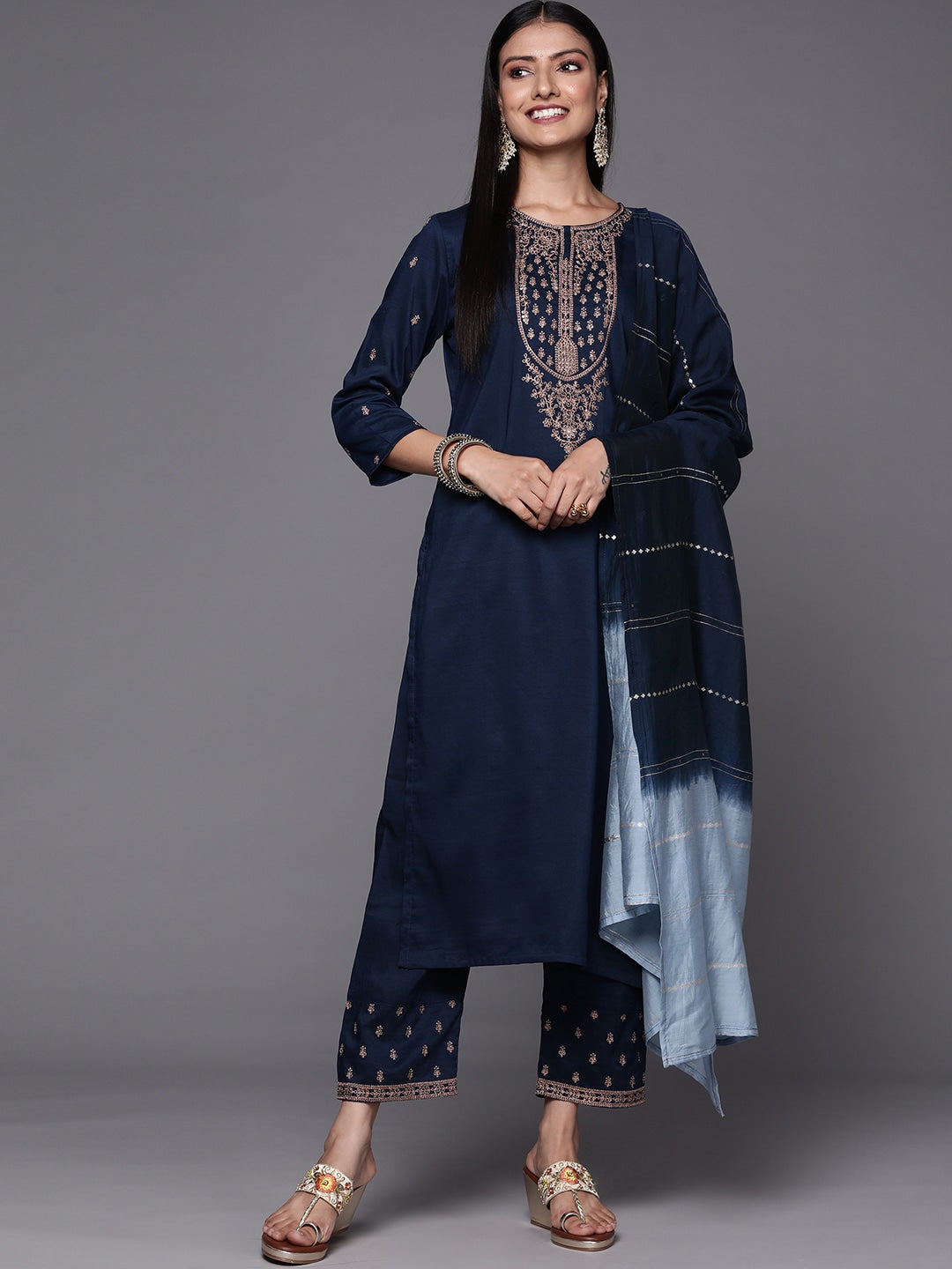 Rayon Slub Embroidery Kurta Set With Hand Dyed Dupatta
