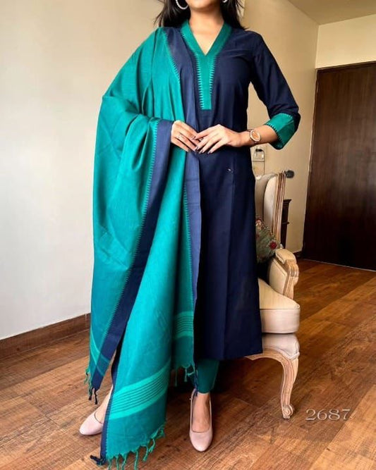 Cotton Fabric Kurta Set With Dupatta
