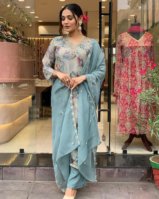 Organza Embroidery Work Kurta Set With Dupatta