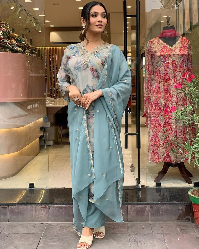 Organza Embroidery Work Kurta Set With Dupatta