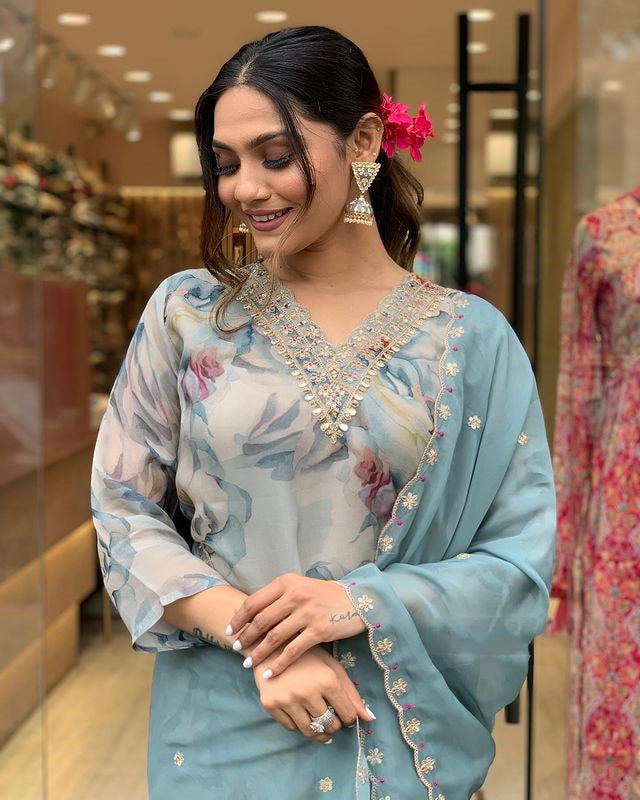 Organza Embroidery Work Kurta Set With Dupatta