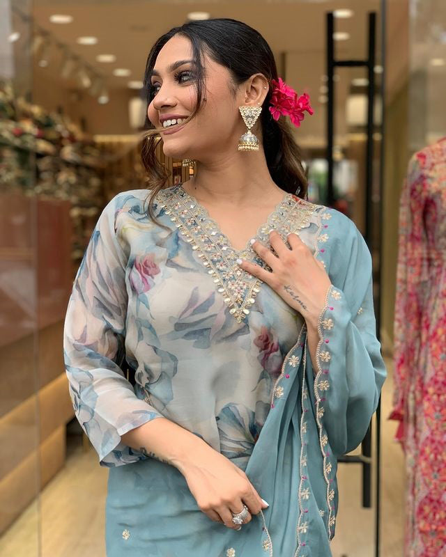 Organza Embroidery Work Kurta Set With Dupatta