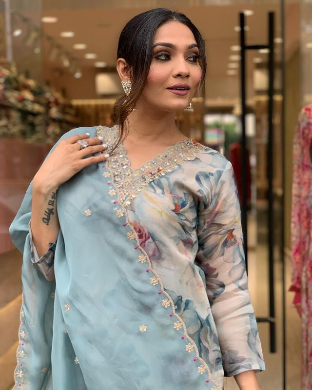 Organza Embroidery Work Kurta Set With Dupatta