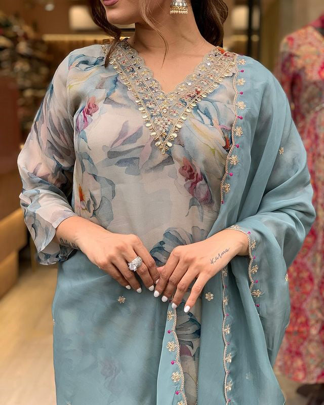 Organza Embroidery Work Kurta Set With Dupatta