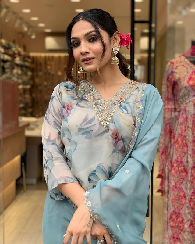 Organza Embroidery Work Kurta Set With Dupatta