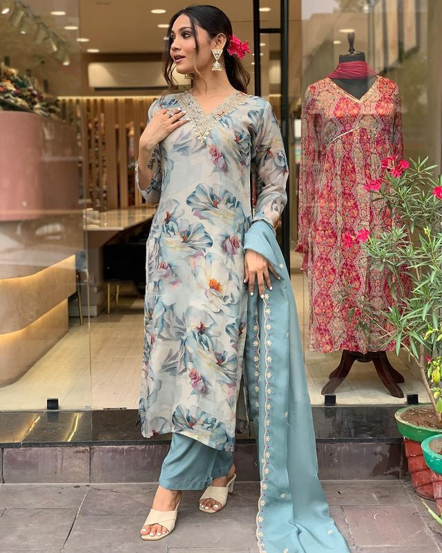 Organza Embroidery Work Kurta Set With Dupatta