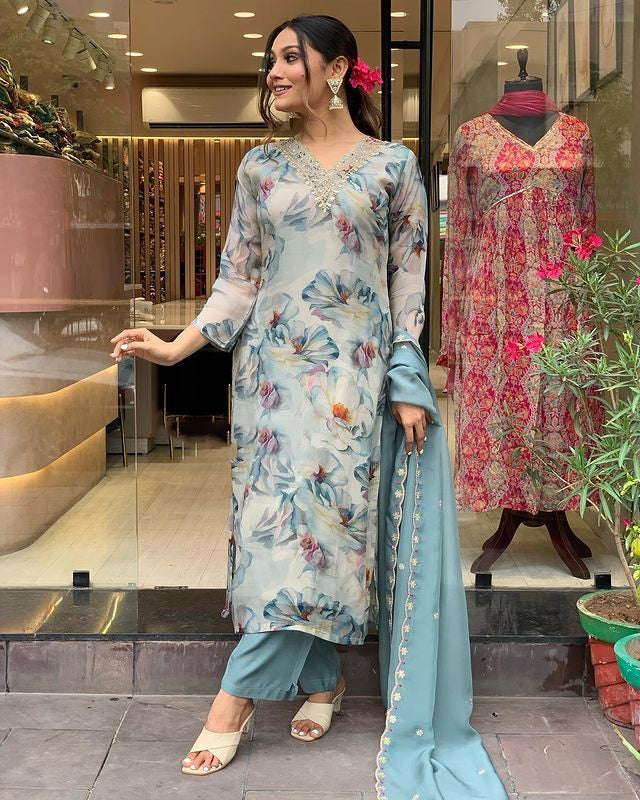 Organza Embroidery Work Kurta Set With Dupatta