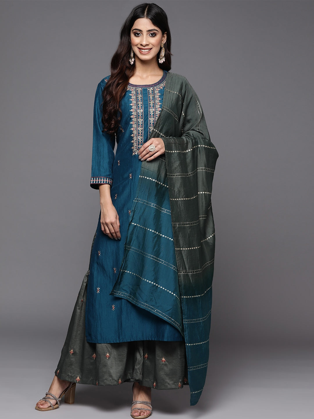 Rayon Slub Embroidery Kurta Set With Hand Dyed Dupatta