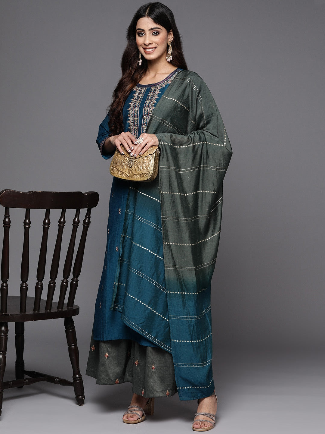 Rayon Slub Embroidery Kurta Set With Hand Dyed Dupatta