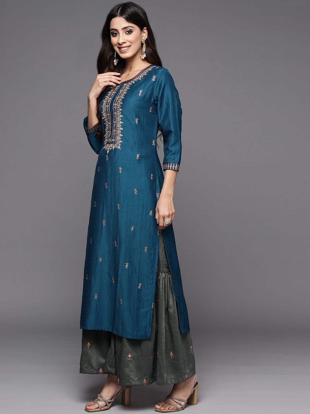 Rayon Slub Embroidery Kurta Set With Hand Dyed Dupatta