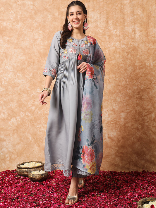 Viscose Rayon Embroidery Work Kurta Set With Dupatta