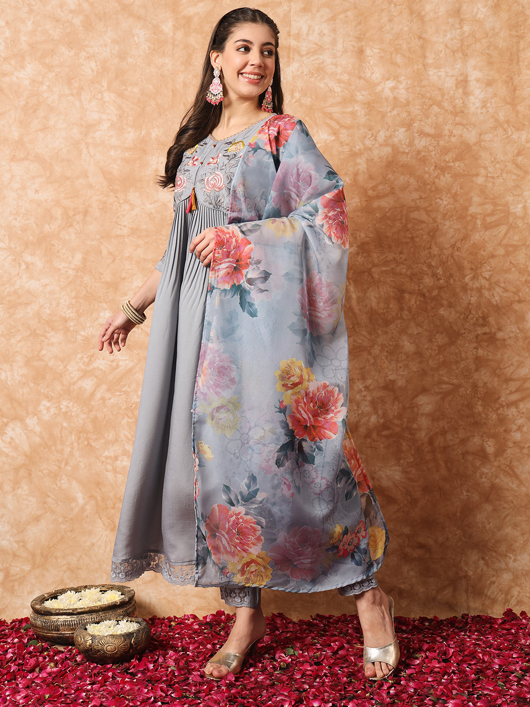 Viscose Rayon Embroidery Work Kurta Set With Dupatta