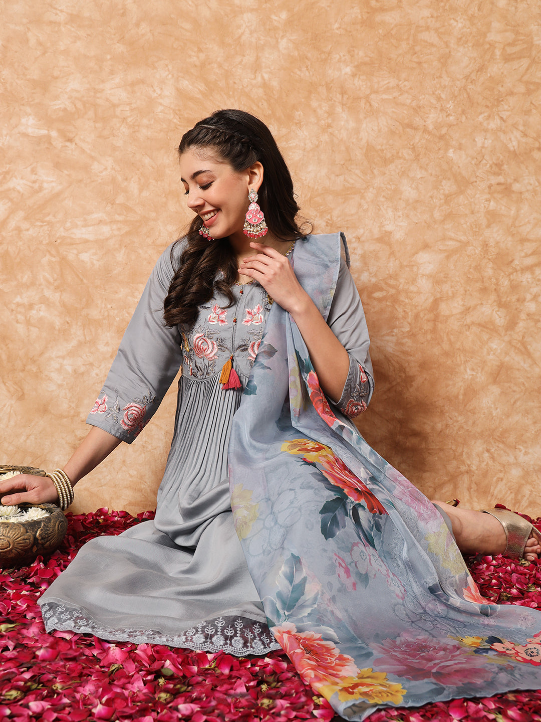 Viscose Rayon Embroidery Work Kurta Set With Dupatta