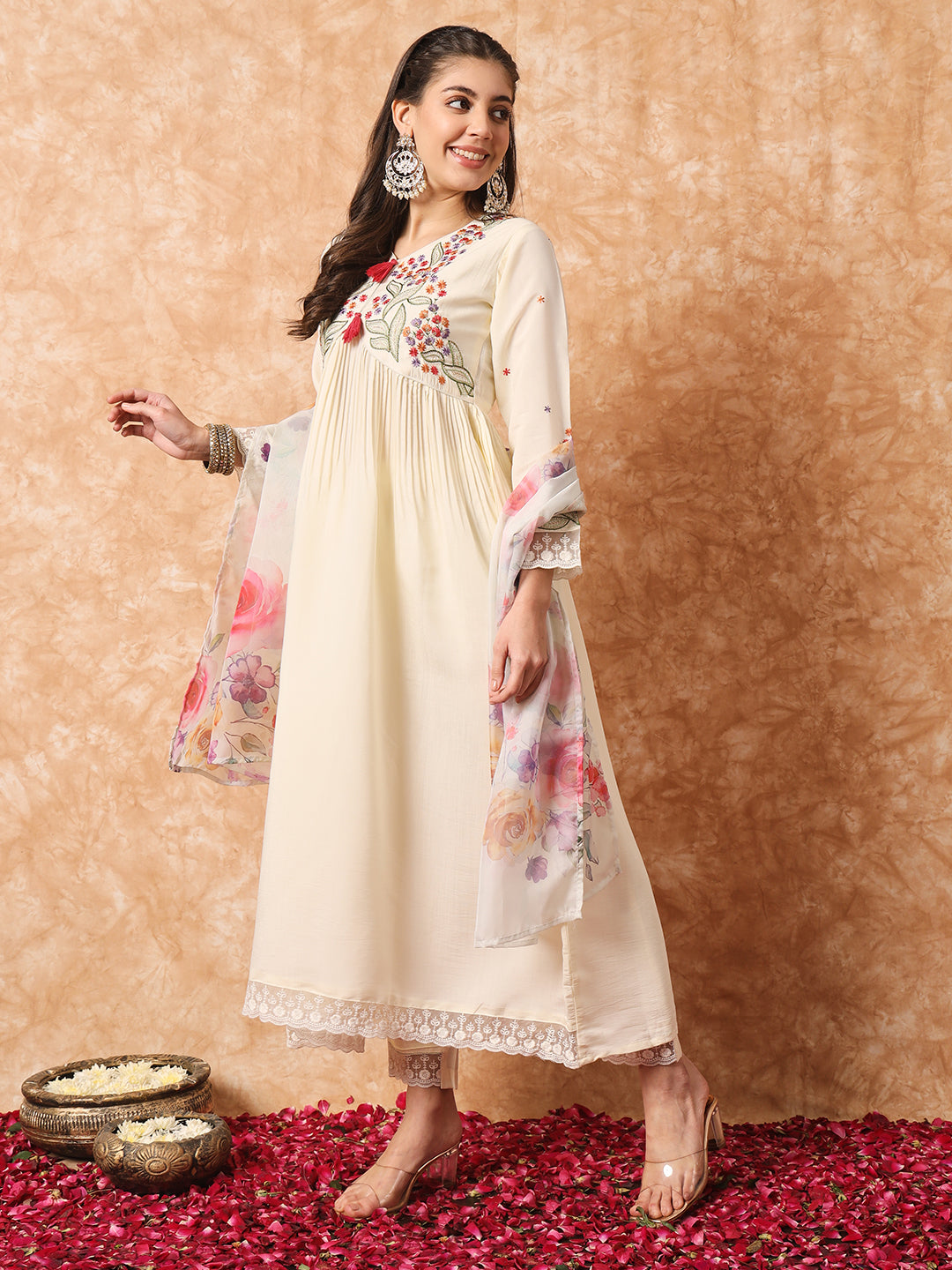 Viscose Rayon Embroidery Work Kurta Set With Dupatta