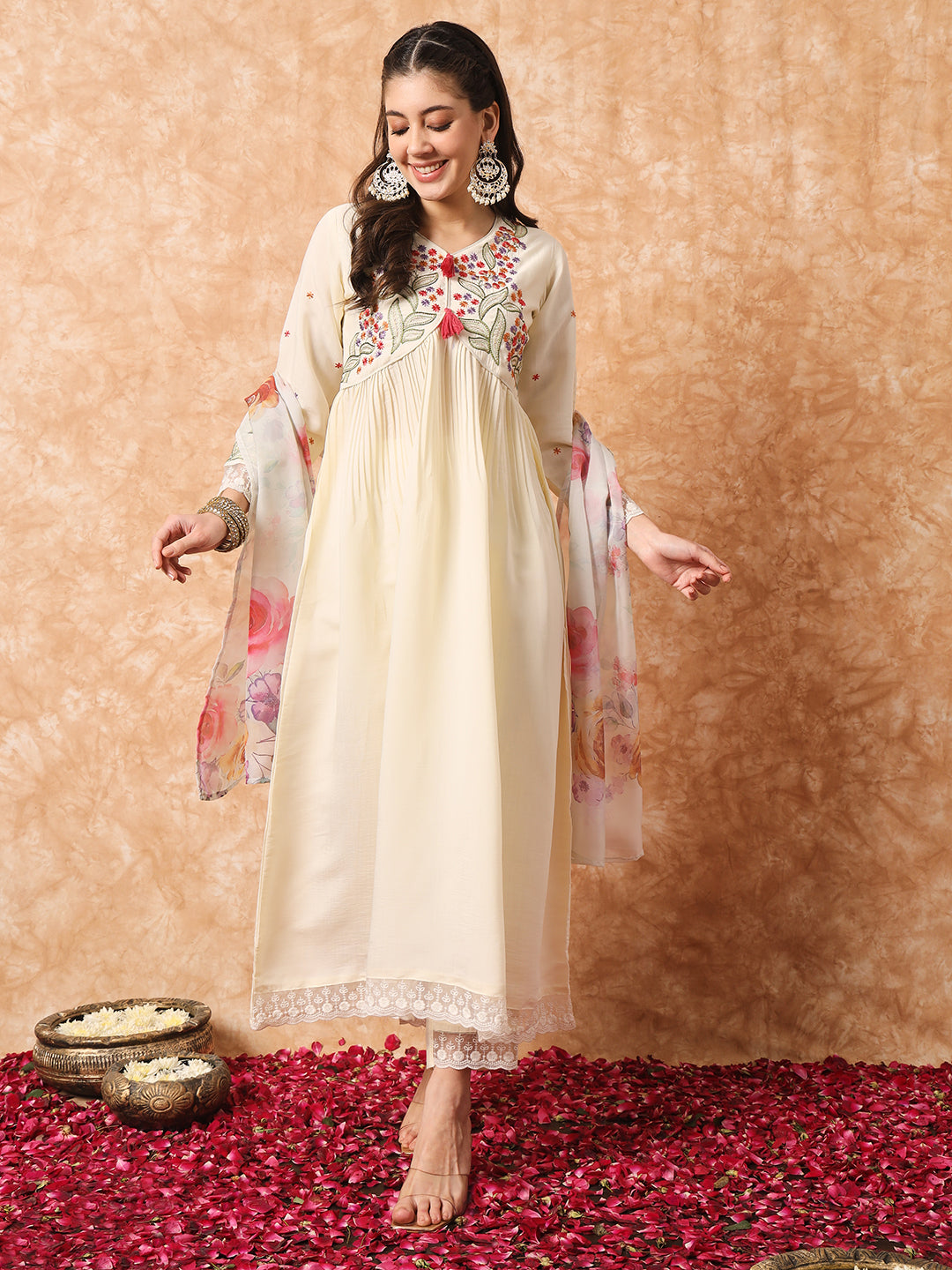 Viscose Rayon Embroidery Work Kurta Set With Dupatta