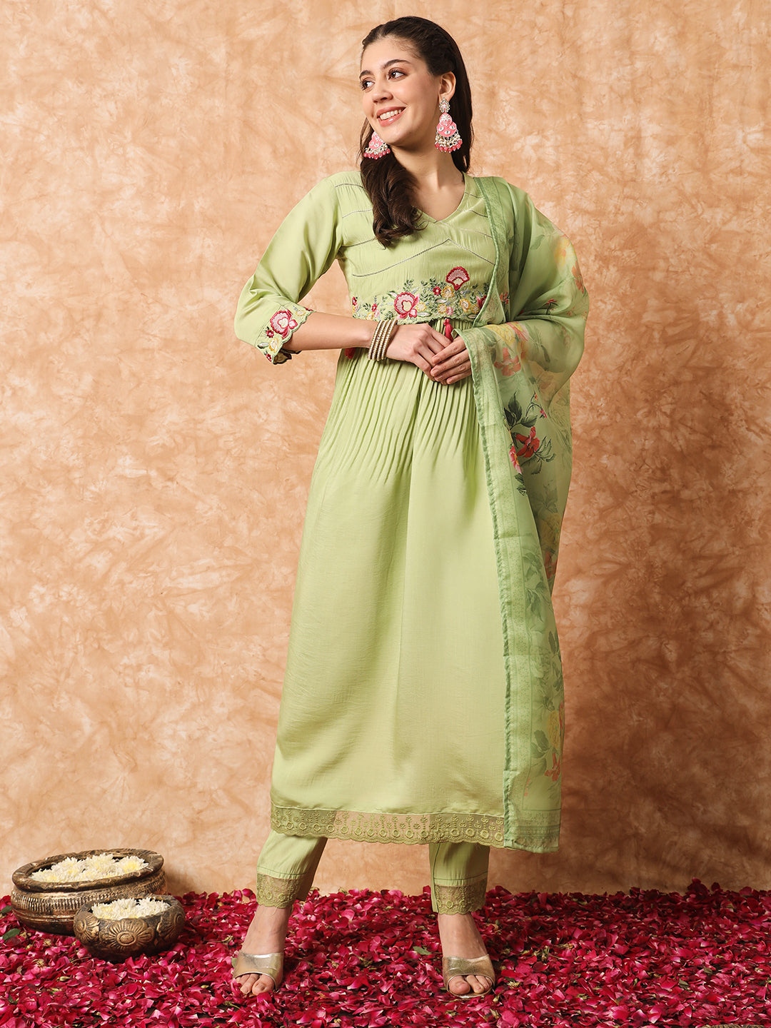 Viscose Rayon Embroidery Work Kurta Set With Dupatta