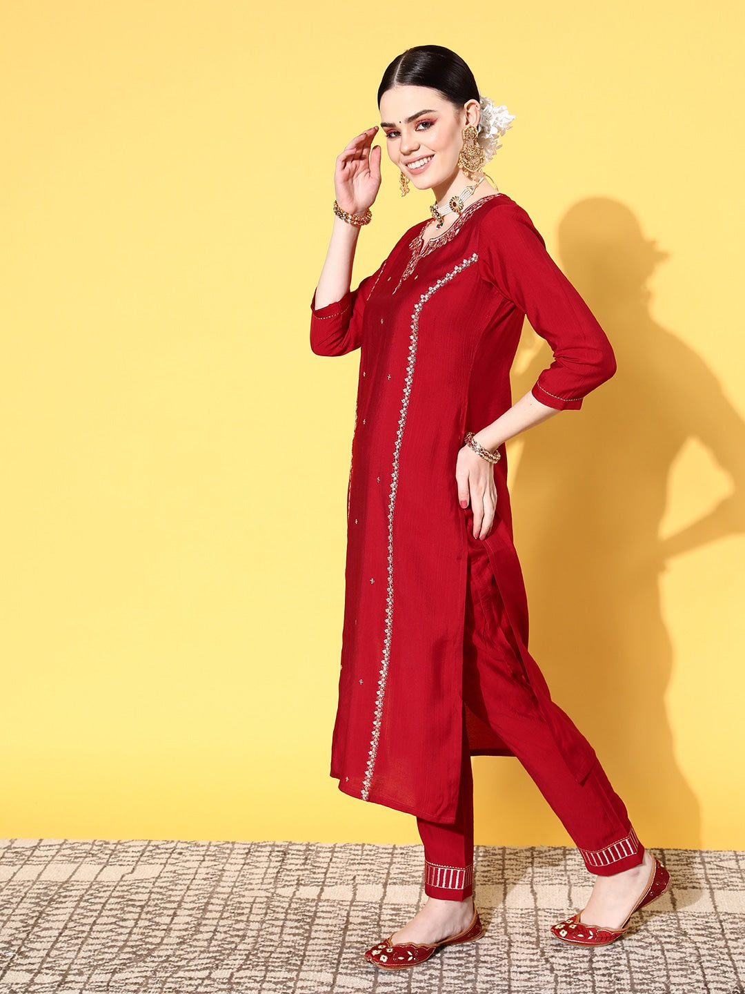 Viscose Rayon Fabric Embroidery Work Kurta Set