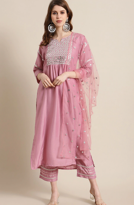 Rayon Slub Embroidered Kurta Set With Dupatta
