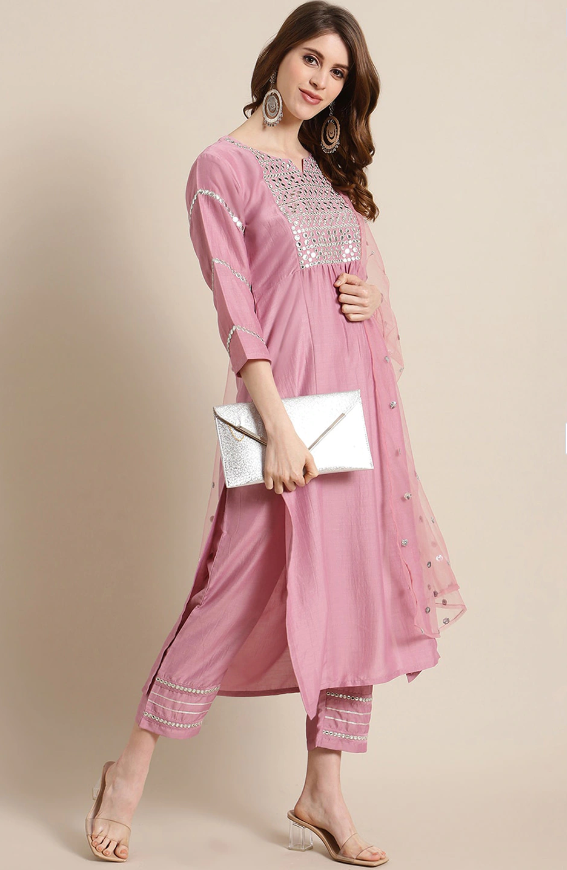 Rayon Slub Embroidered Kurta Set With Dupatta
