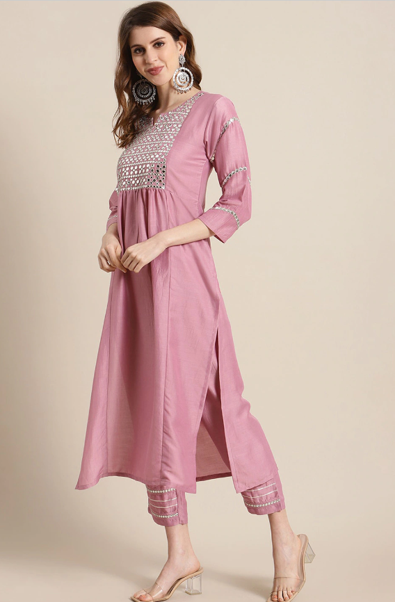 Rayon Slub Embroidered Kurta Set With Dupatta