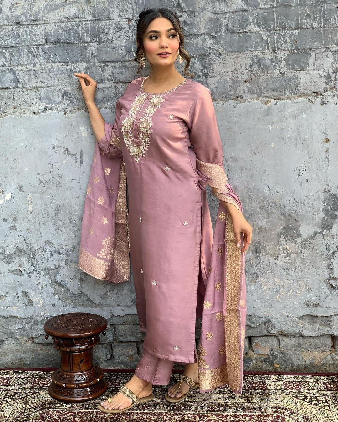 Viscose Chanderi Wine Embroidery Kurta Set With Dupatta