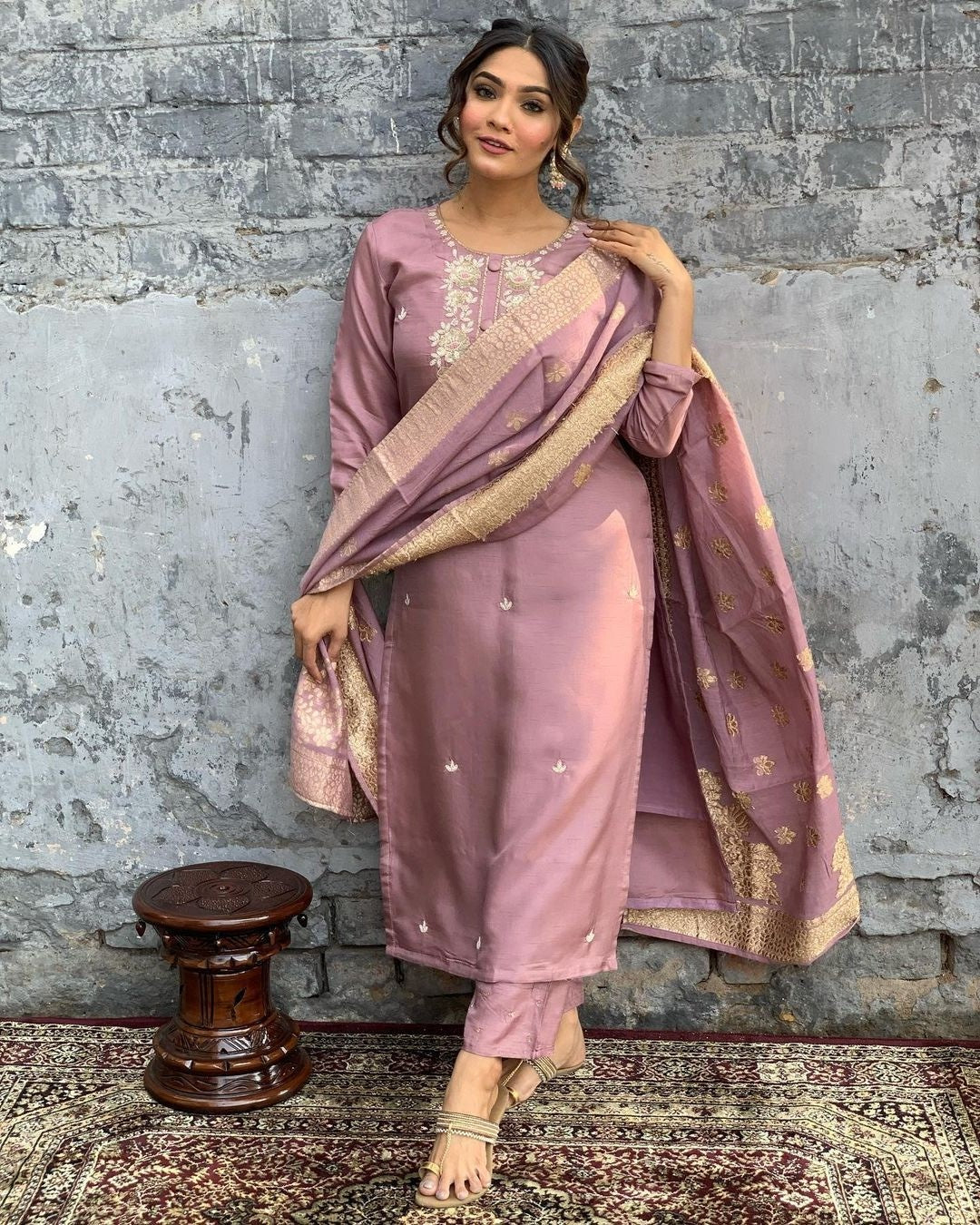 Viscose Chanderi Wine Embroidery Kurta Set With Dupatta