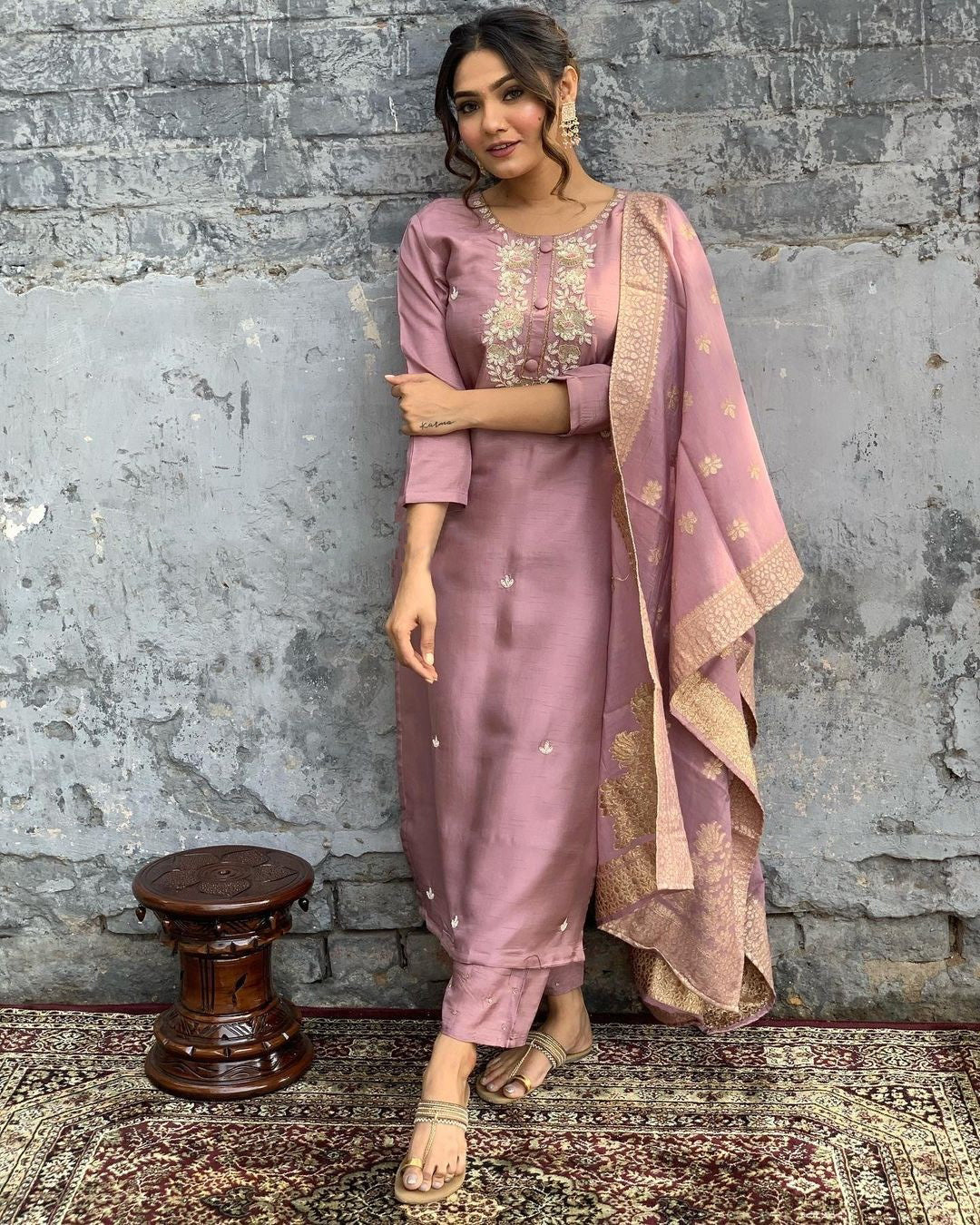 Viscose Chanderi Wine Embroidery Kurta Set With Dupatta
