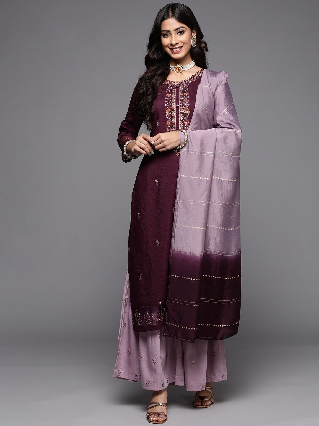 Rayon Slub Embroidery Kurta Set With Hand Dyed Dupatta