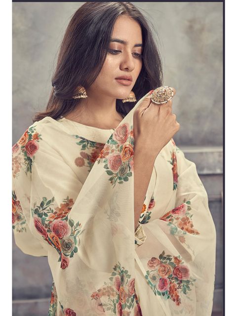 Viscose Rayon Slub Cream Embroidery Kurta Set With Printed Dupatta Set
