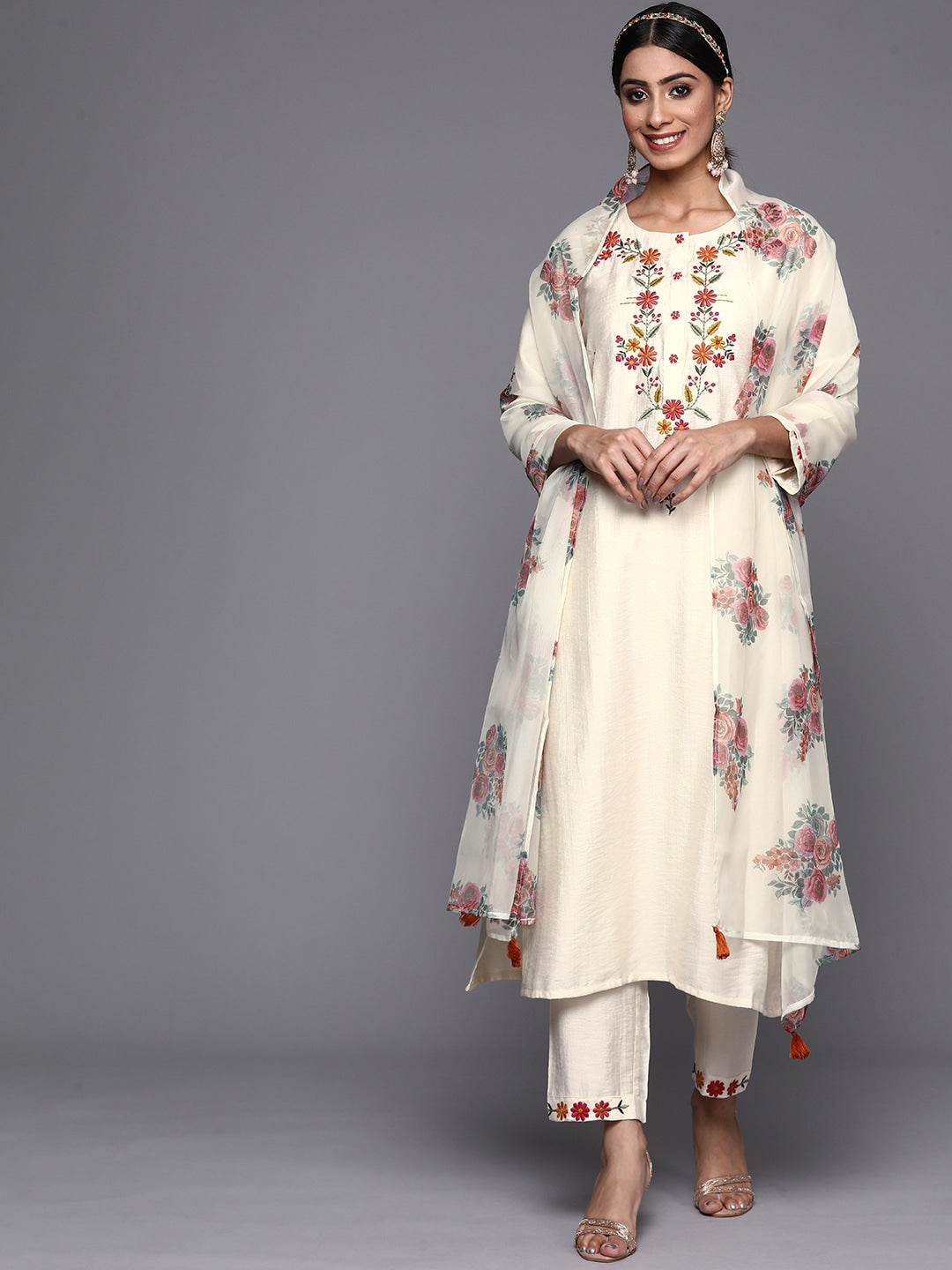Viscose Rayon Embroidered Kurta With Printed Dupatta Set