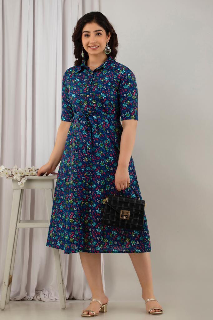 Beautiful Women's Blue Style flowers Print Dress