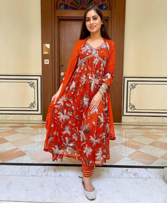 Orange Rayon Alia Cut Embroidered Kurta with Duptta set