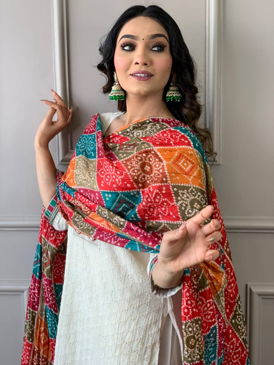 Designer Chikankari Kurta and Colourful Dupatta set