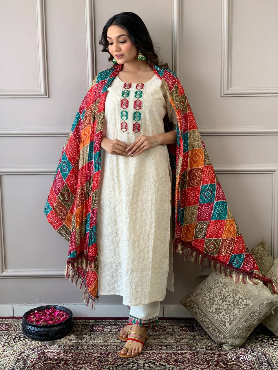 Designer Chikankari Kurta and Colourful Dupatta set