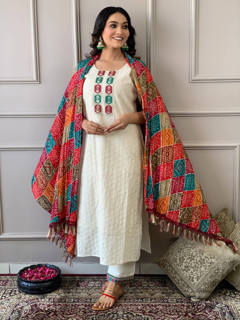 Designer Chikankari Kurta and Colourful Dupatta set