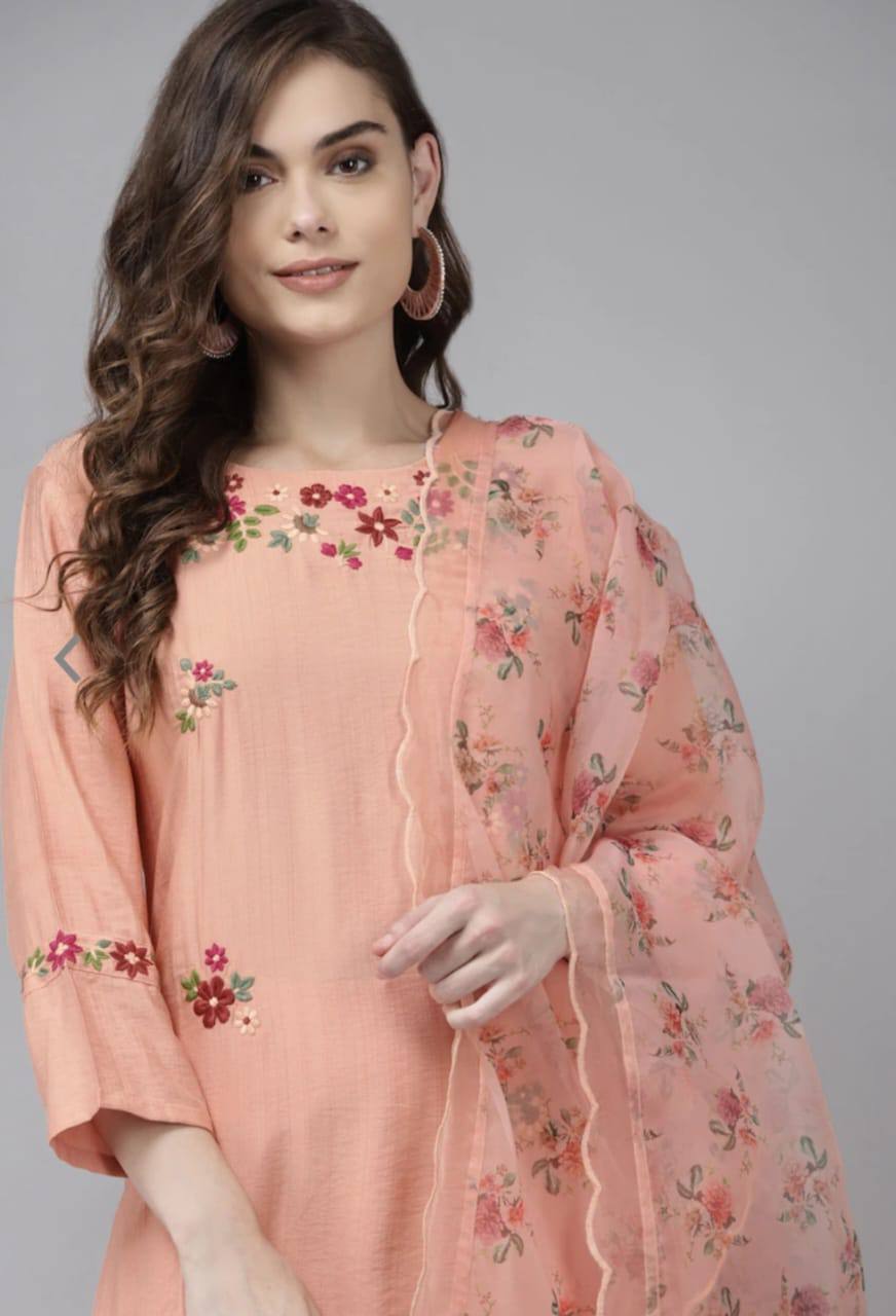 Rayon Slub Peach Embroidery Kurta Set With Printed Dupatta Set