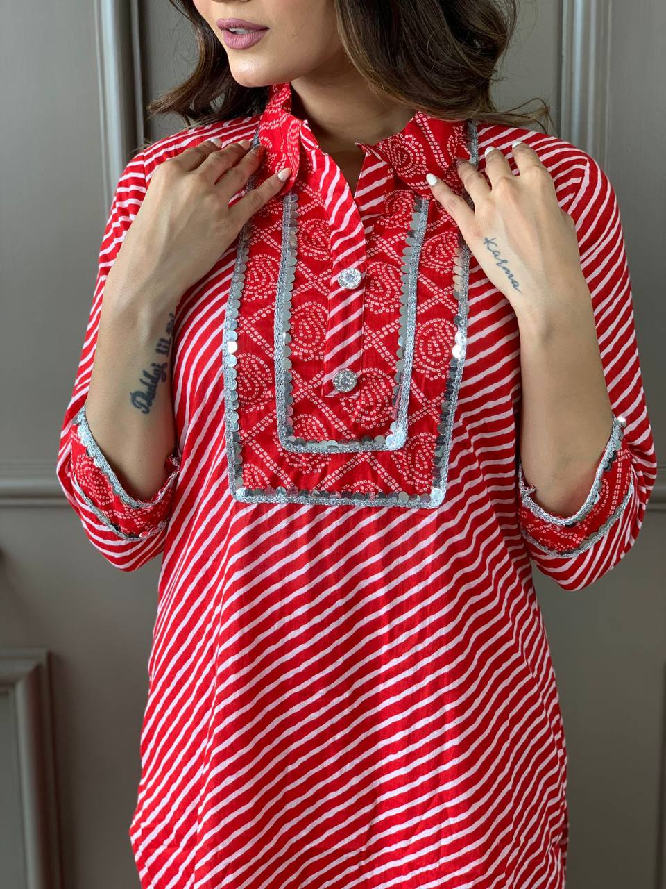 Beautiful Cotton Collar Kurta Set With Embroidered Lace Work